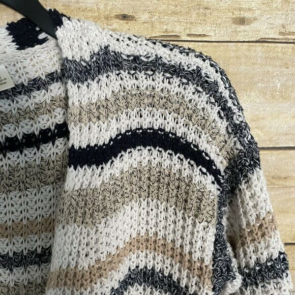 Alya White & Tan Striped Open Knit Duster Cardigan - Size Small - Open Sweater - Picture 2 of 5
